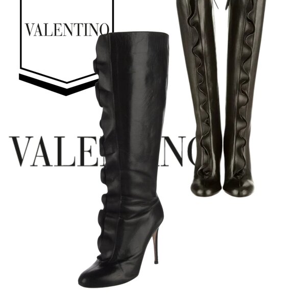 Valentino Napa Leather Ruffle Front Knee High Boots.  Size 8 (IT 38). - Picture 1 of 7